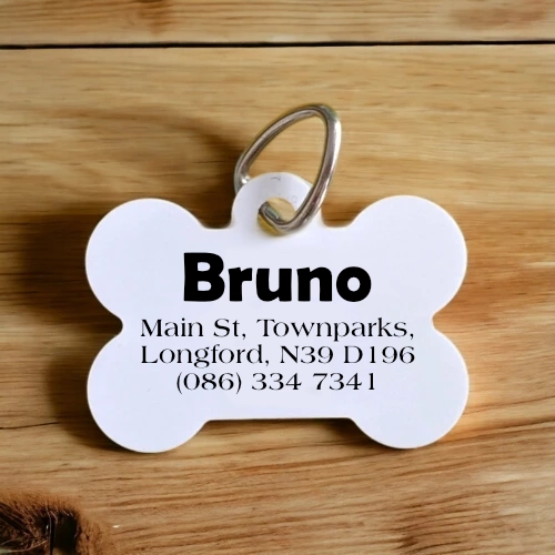 Bone-shaped-dog-collar-tag for Bruno with address and telephone number in case lost