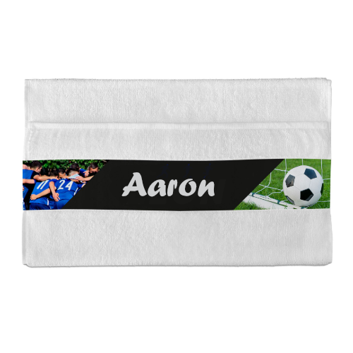 Personalised cotton white towel with foot ball design and name Aaron