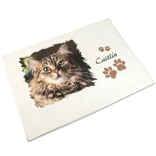 Personalised Cotton Tea Towel with a photo of a cat and name Caitlin