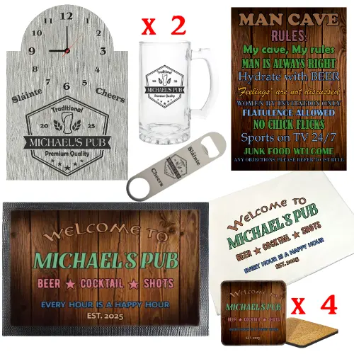 Personalised home bar set with two beer mugs, four MDF coasters, rubber bar runner, bottle opener, cotton tea towel, metal wall clock and A5 metal panel
