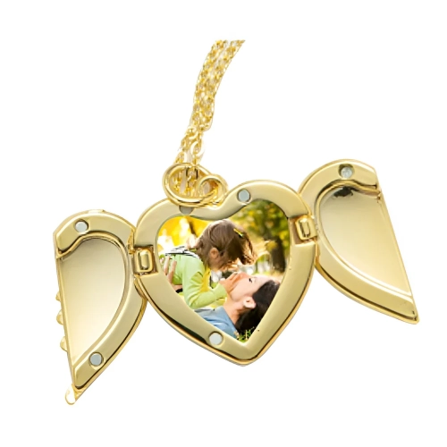 Personalised Angel Wings Heart Locket Necklace with a photo of a mama and her kid