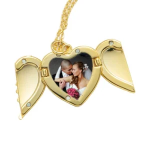 Personalised Angel Wings Heart Locket Necklace with a photo of wedding couple