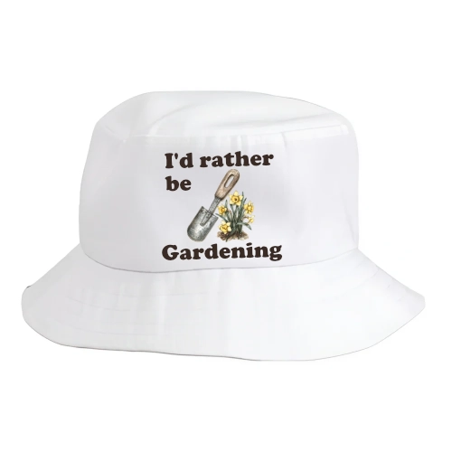 Personalised Bucket Hat with text i'd rather be gardening with a trowel and daffodil flowers