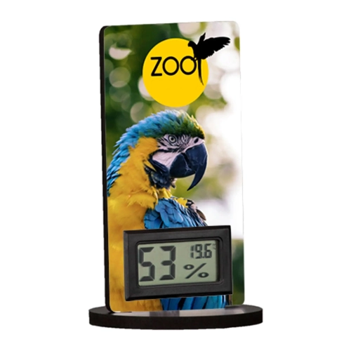 Personalised digital thermometer showing temperature and humidity with stand, featuring custom photo or design