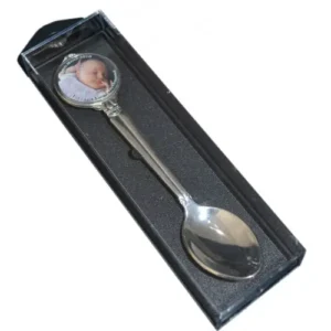 Personalised silverplated Christening spoon with photo insert and display case, a timeless keepsake gift for a Christening, naming ceremony or birth.