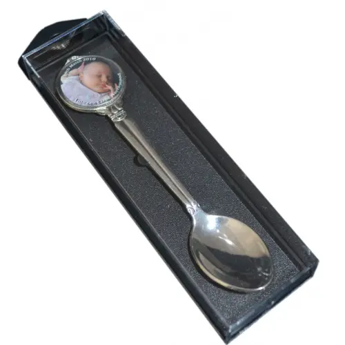 Personalised silverplated Christening spoon with photo insert and display case, a timeless keepsake gift for a Christening, naming ceremony or birth.