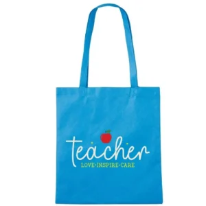 teacher love inspire care tote bag in blue colour